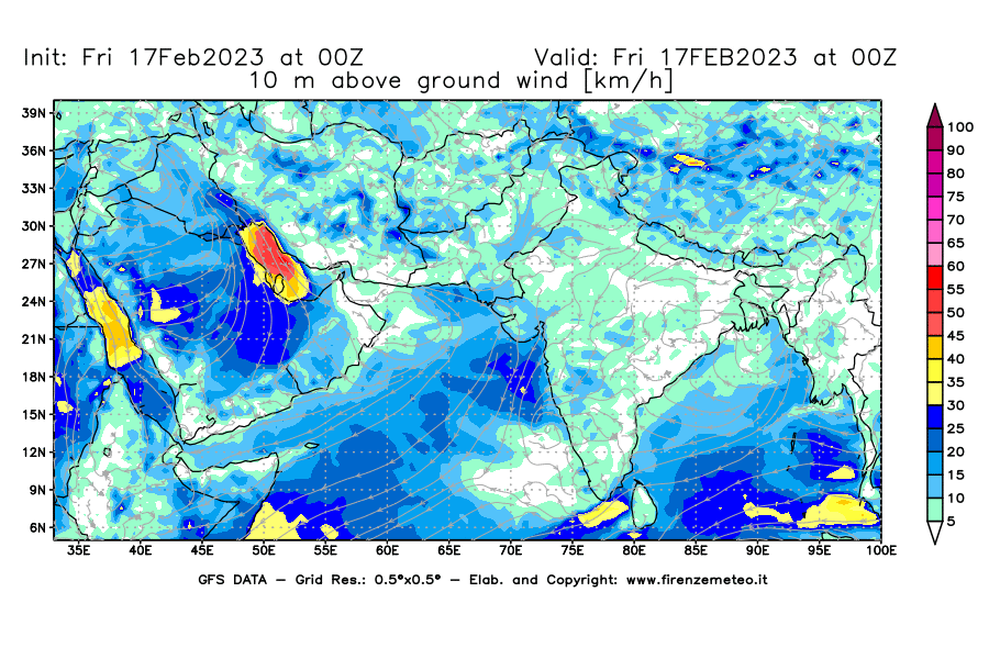 Mappa di analisi GFS - Velocità del vento a 10 metri dal suolo [km/h] in Asia Sud-Occidentale
							del 17/02/2023 00 <!--googleoff: index-->UTC<!--googleon: index-->