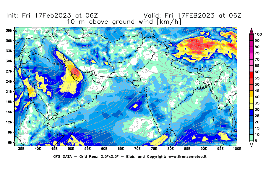 Mappa di analisi GFS - Velocità del vento a 10 metri dal suolo [km/h] in Asia Sud-Occidentale
							del 17/02/2023 06 <!--googleoff: index-->UTC<!--googleon: index-->