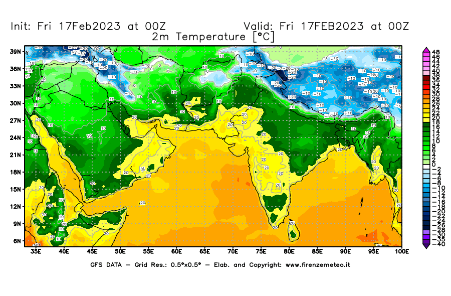 Mappa di analisi GFS - Temperatura a 2 metri dal suolo [°C] in Asia Sud-Occidentale
							del 17/02/2023 00 <!--googleoff: index-->UTC<!--googleon: index-->