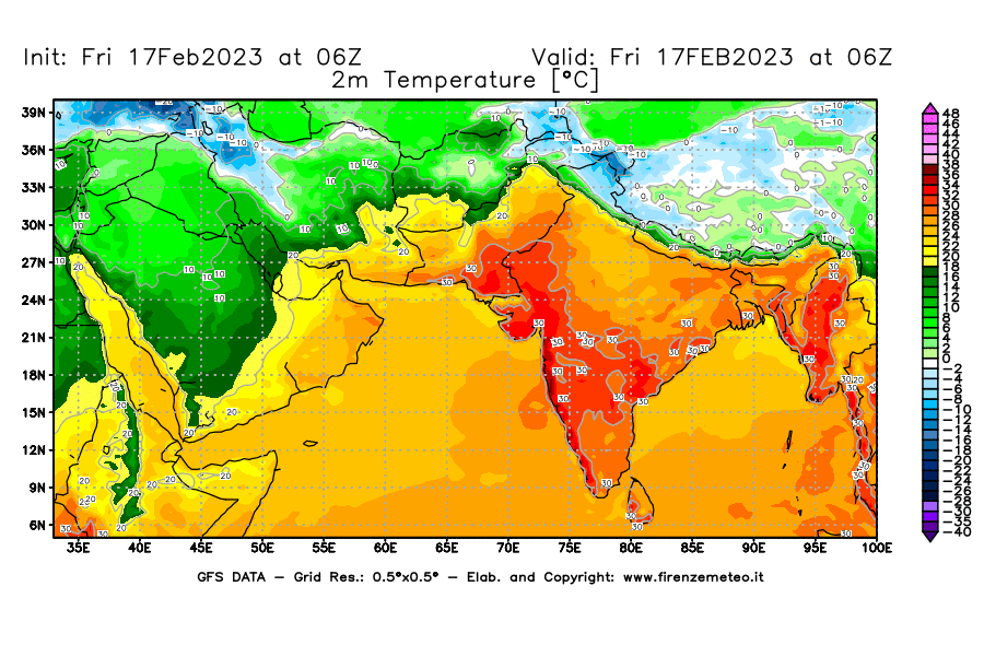 Mappa di analisi GFS - Temperatura a 2 metri dal suolo [°C] in Asia Sud-Occidentale
							del 17/02/2023 06 <!--googleoff: index-->UTC<!--googleon: index-->