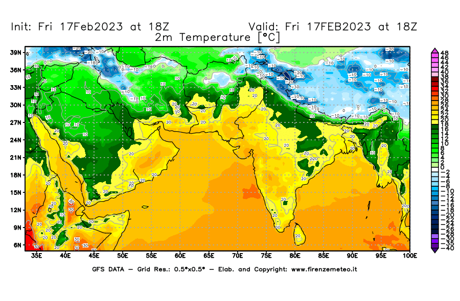 Mappa di analisi GFS - Temperatura a 2 metri dal suolo [°C] in Asia Sud-Occidentale
							del 17/02/2023 18 <!--googleoff: index-->UTC<!--googleon: index-->
