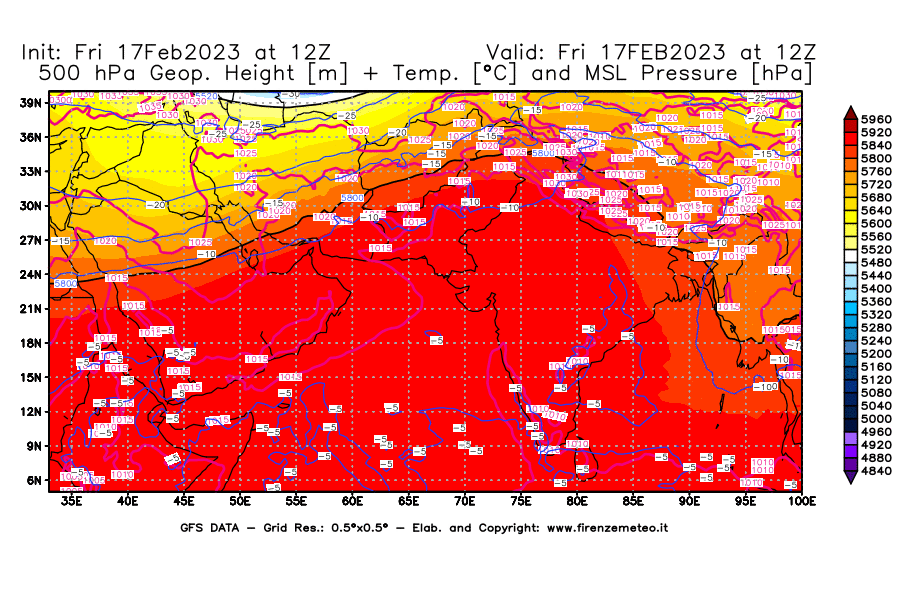 Mappa di analisi GFS - Geopotenziale [m] + Temp. [°C] a 500 hPa + Press. a livello del mare [hPa] in Asia Sud-Occidentale
							del 17/02/2023 12 <!--googleoff: index-->UTC<!--googleon: index-->