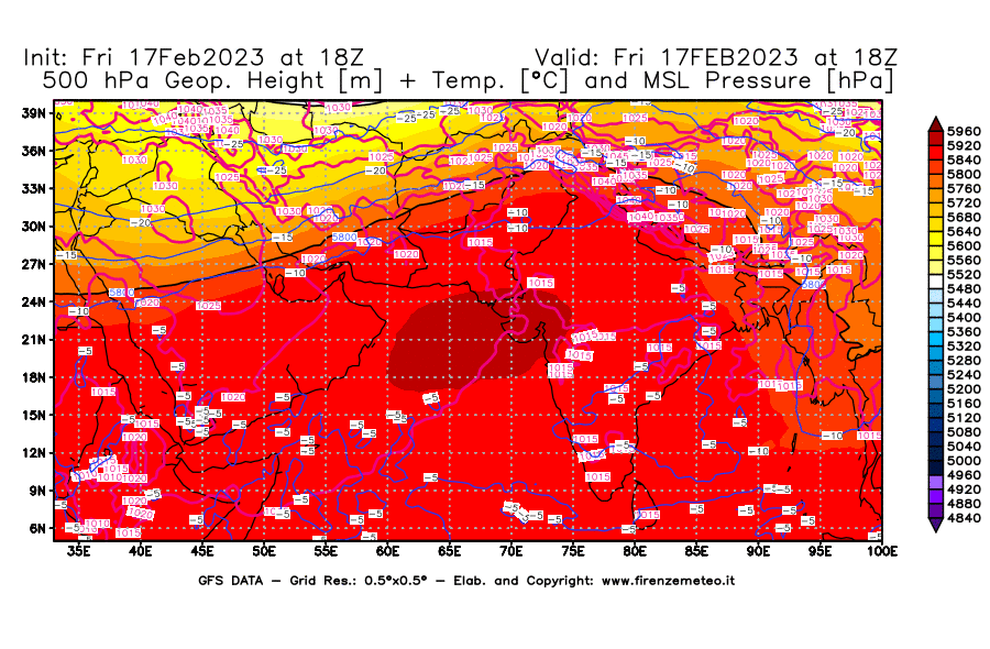 Mappa di analisi GFS - Geopotenziale [m] + Temp. [°C] a 500 hPa + Press. a livello del mare [hPa] in Asia Sud-Occidentale
							del 17/02/2023 18 <!--googleoff: index-->UTC<!--googleon: index-->