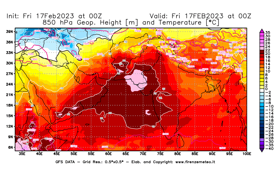 Mappa di analisi GFS - Geopotenziale [m] e Temperatura [°C] a 850 hPa in Asia Sud-Occidentale
							del 17/02/2023 00 <!--googleoff: index-->UTC<!--googleon: index-->