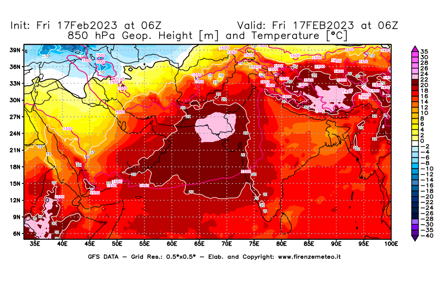 Mappa di analisi GFS - Geopotenziale [m] e Temperatura [°C] a 850 hPa in Asia Sud-Occidentale
							del 17/02/2023 06 <!--googleoff: index-->UTC<!--googleon: index-->