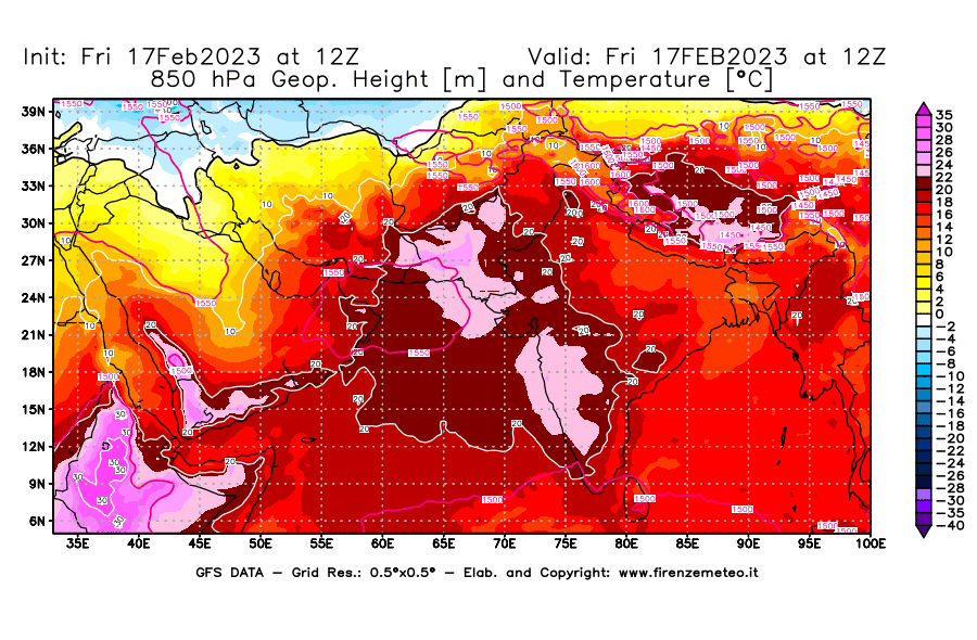 Mappa di analisi GFS - Geopotenziale [m] e Temperatura [°C] a 850 hPa in Asia Sud-Occidentale
							del 17/02/2023 12 <!--googleoff: index-->UTC<!--googleon: index-->