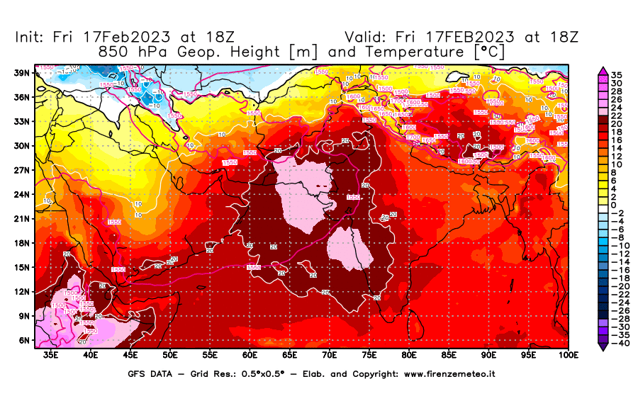 Mappa di analisi GFS - Geopotenziale [m] e Temperatura [°C] a 850 hPa in Asia Sud-Occidentale
							del 17/02/2023 18 <!--googleoff: index-->UTC<!--googleon: index-->
