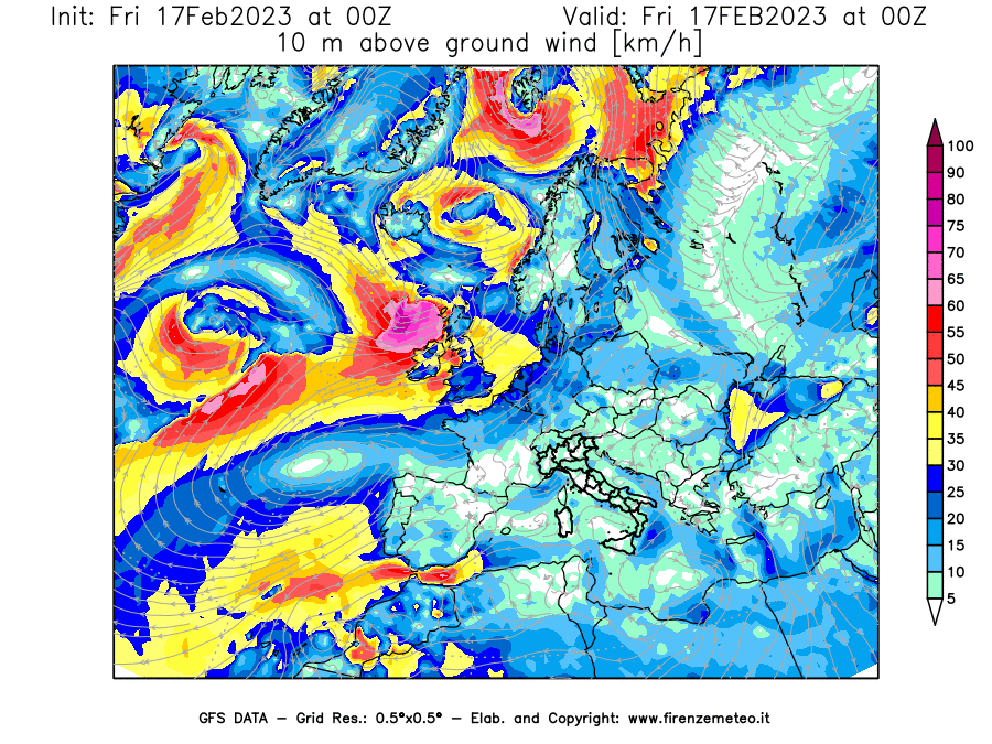 Mappa di analisi GFS - Velocità del vento a 10 metri dal suolo [km/h] in Europa
							del 17/02/2023 00 <!--googleoff: index-->UTC<!--googleon: index-->