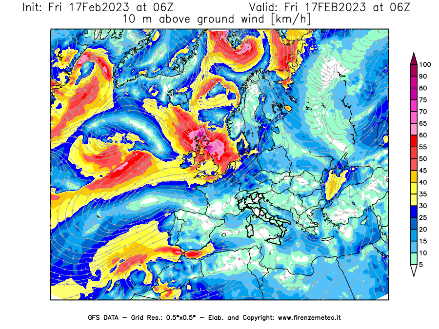Mappa di analisi GFS - Velocità del vento a 10 metri dal suolo [km/h] in Europa
							del 17/02/2023 06 <!--googleoff: index-->UTC<!--googleon: index-->