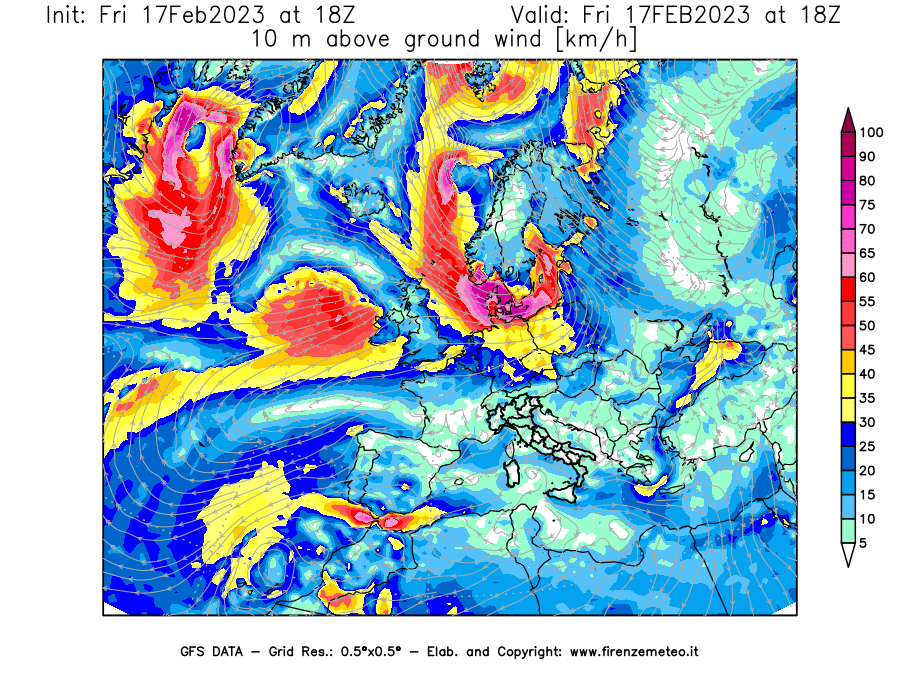 Mappa di analisi GFS - Velocità del vento a 10 metri dal suolo [km/h] in Europa
							del 17/02/2023 18 <!--googleoff: index-->UTC<!--googleon: index-->