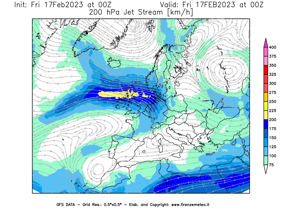 Mappa di analisi GFS - Jet Stream a 200 hPa in Europa
							del 17/02/2023 00 <!--googleoff: index-->UTC<!--googleon: index-->