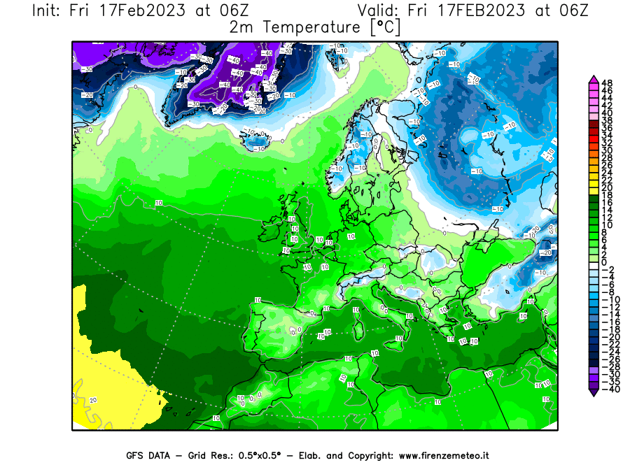 Mappa di analisi GFS - Temperatura a 2 metri dal suolo [°C] in Europa
							del 17/02/2023 06 <!--googleoff: index-->UTC<!--googleon: index-->