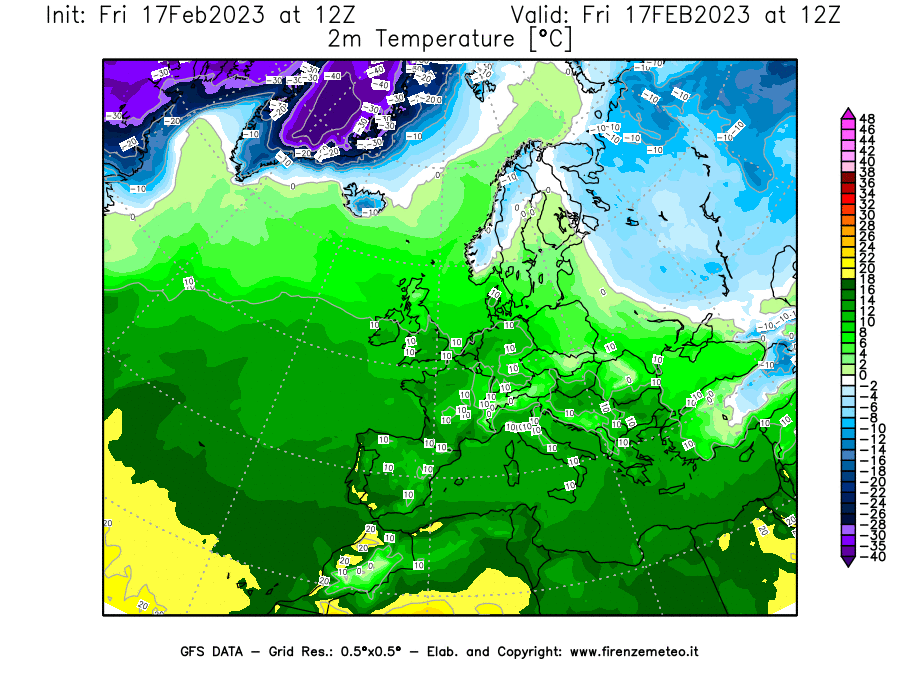 Mappa di analisi GFS - Temperatura a 2 metri dal suolo [°C] in Europa
							del 17/02/2023 12 <!--googleoff: index-->UTC<!--googleon: index-->