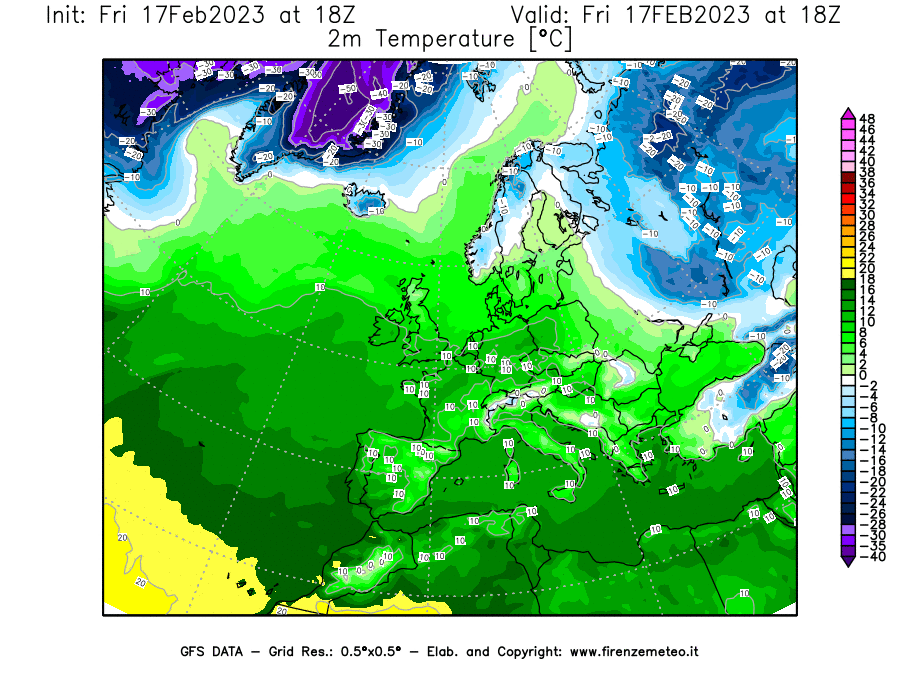 Mappa di analisi GFS - Temperatura a 2 metri dal suolo [°C] in Europa
							del 17/02/2023 18 <!--googleoff: index-->UTC<!--googleon: index-->