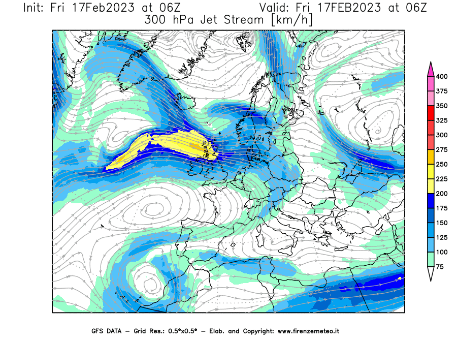 Mappa di analisi GFS - Jet Stream a 300 hPa in Europa
							del 17/02/2023 06 <!--googleoff: index-->UTC<!--googleon: index-->