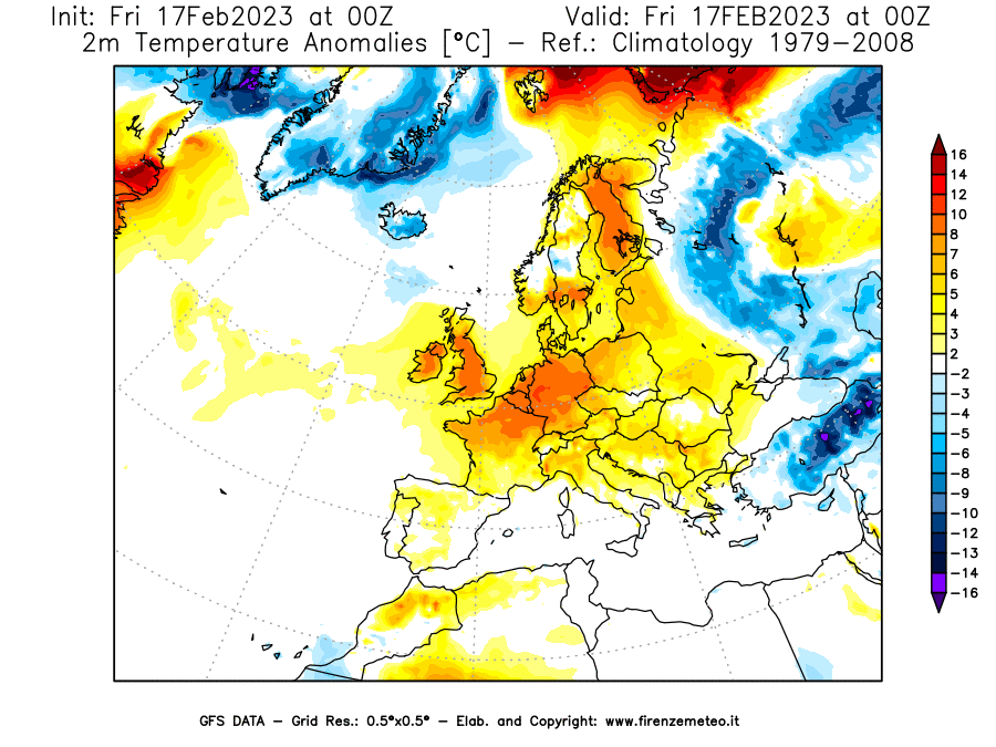 Mappa di analisi GFS - Anomalia Temperatura [°C] a 2 m in Europa
							del 17/02/2023 00 <!--googleoff: index-->UTC<!--googleon: index-->
