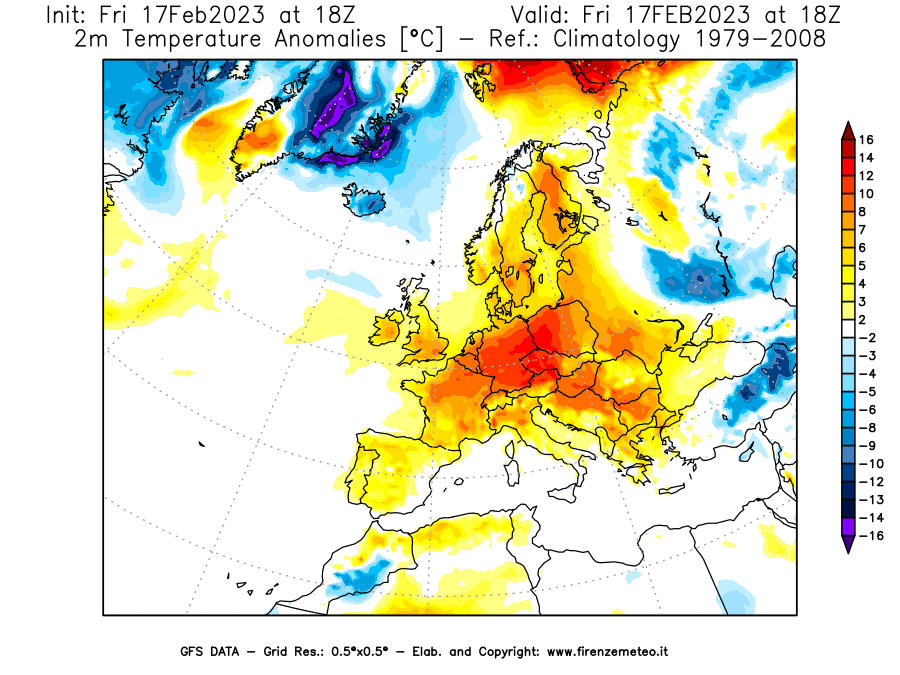 Mappa di analisi GFS - Anomalia Temperatura [°C] a 2 m in Europa
							del 17/02/2023 18 <!--googleoff: index-->UTC<!--googleon: index-->