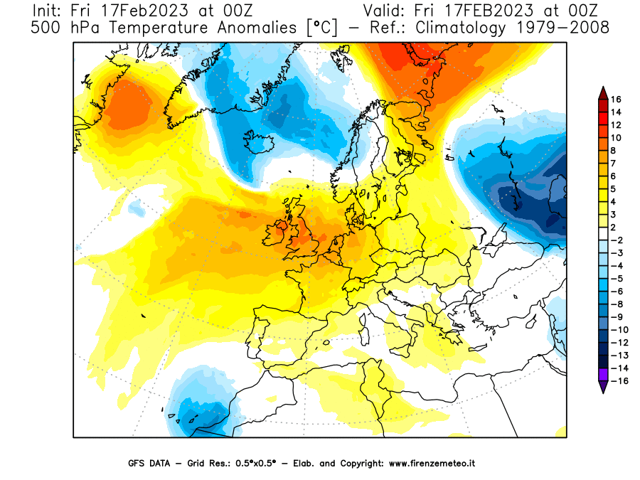 Mappa di analisi GFS - Anomalia Temperatura [°C] a 500 hPa in Europa
							del 17/02/2023 00 <!--googleoff: index-->UTC<!--googleon: index-->