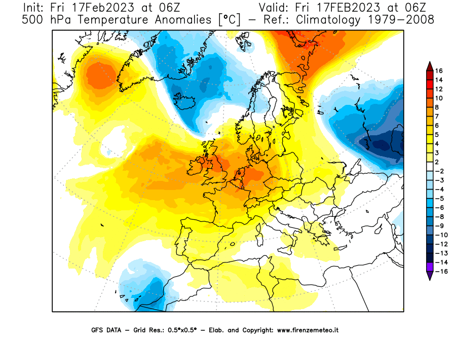 Mappa di analisi GFS - Anomalia Temperatura [°C] a 500 hPa in Europa
							del 17/02/2023 06 <!--googleoff: index-->UTC<!--googleon: index-->