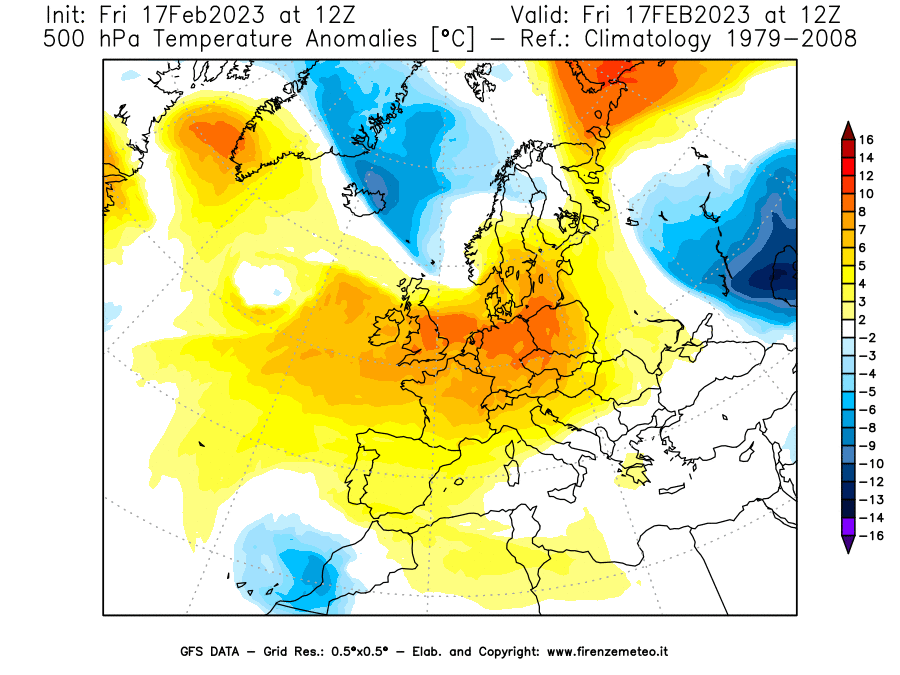 Mappa di analisi GFS - Anomalia Temperatura [°C] a 500 hPa in Europa
							del 17/02/2023 12 <!--googleoff: index-->UTC<!--googleon: index-->
