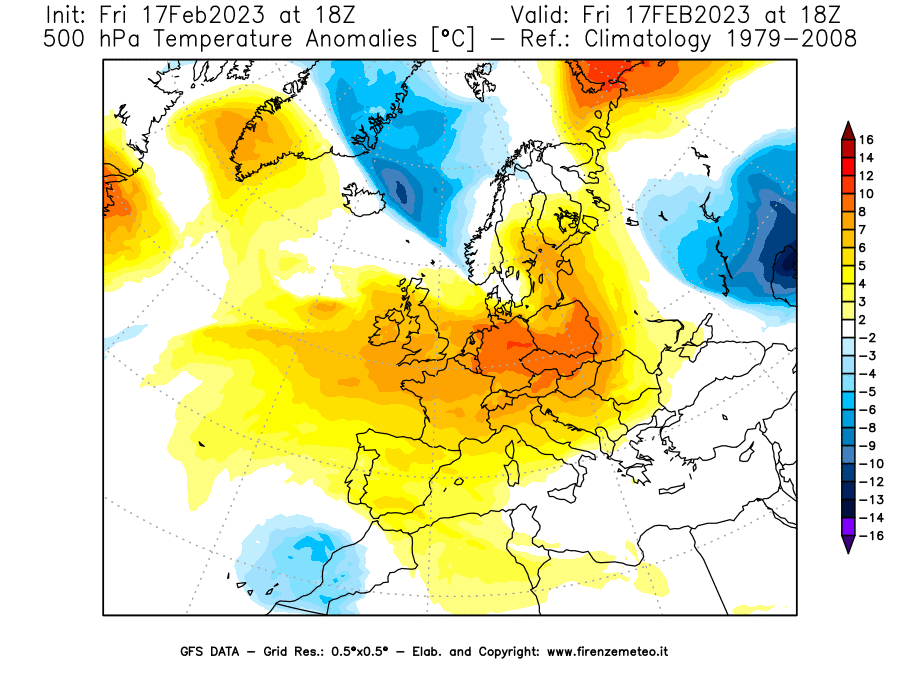 Mappa di analisi GFS - Anomalia Temperatura [°C] a 500 hPa in Europa
							del 17/02/2023 18 <!--googleoff: index-->UTC<!--googleon: index-->