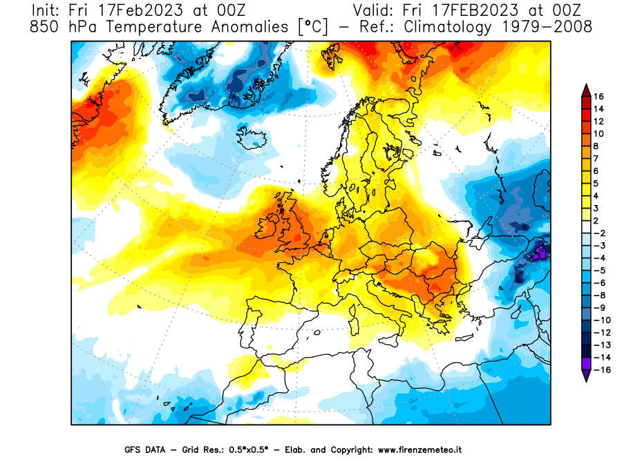 Mappa di analisi GFS - Anomalia Temperatura [°C] a 850 hPa in Europa
							del 17/02/2023 00 <!--googleoff: index-->UTC<!--googleon: index-->
