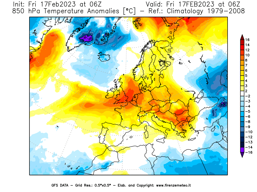 Mappa di analisi GFS - Anomalia Temperatura [°C] a 850 hPa in Europa
							del 17/02/2023 06 <!--googleoff: index-->UTC<!--googleon: index-->