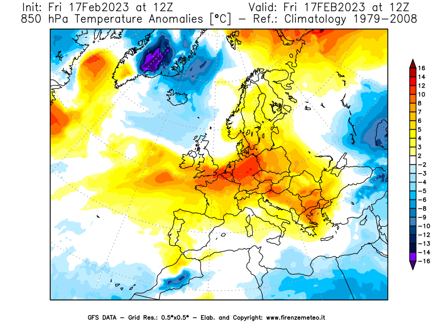 Mappa di analisi GFS - Anomalia Temperatura [°C] a 850 hPa in Europa
							del 17/02/2023 12 <!--googleoff: index-->UTC<!--googleon: index-->