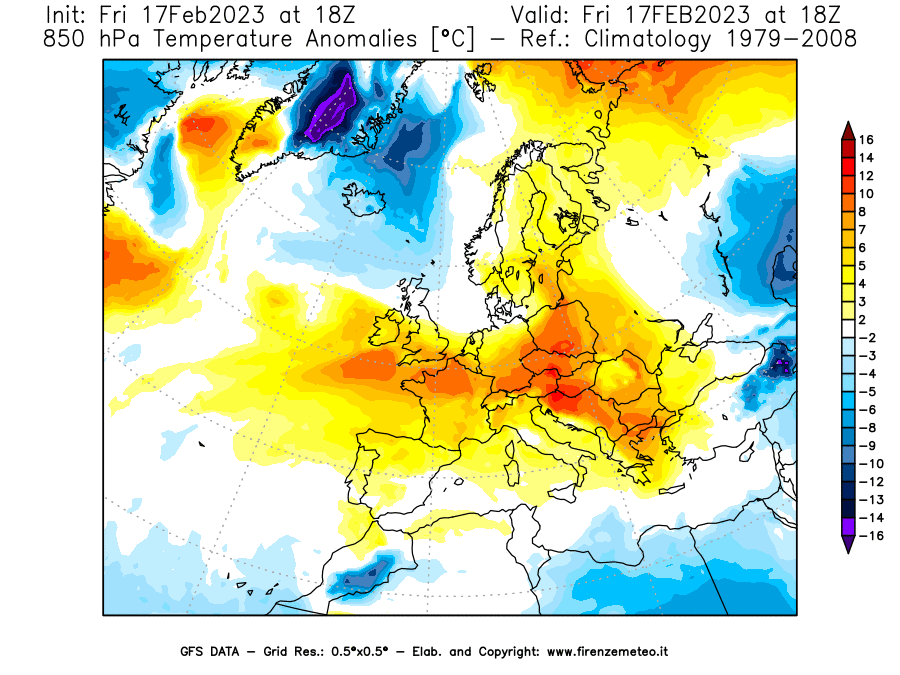 Mappa di analisi GFS - Anomalia Temperatura [°C] a 850 hPa in Europa
							del 17/02/2023 18 <!--googleoff: index-->UTC<!--googleon: index-->