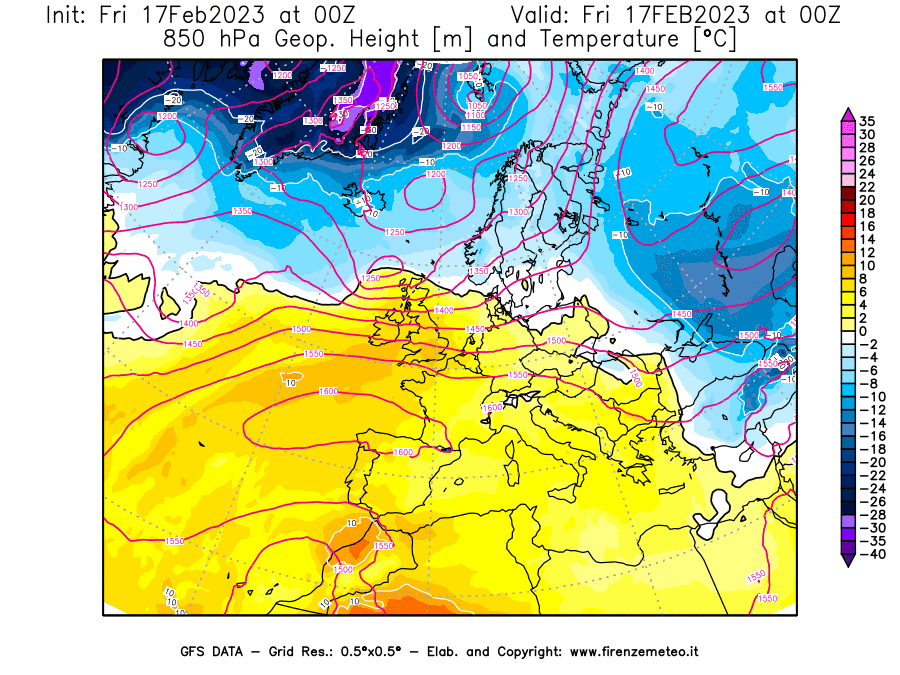 Mappa di analisi GFS - Geopotenziale [m] e Temperatura [°C] a 850 hPa in Europa
							del 17/02/2023 00 <!--googleoff: index-->UTC<!--googleon: index-->