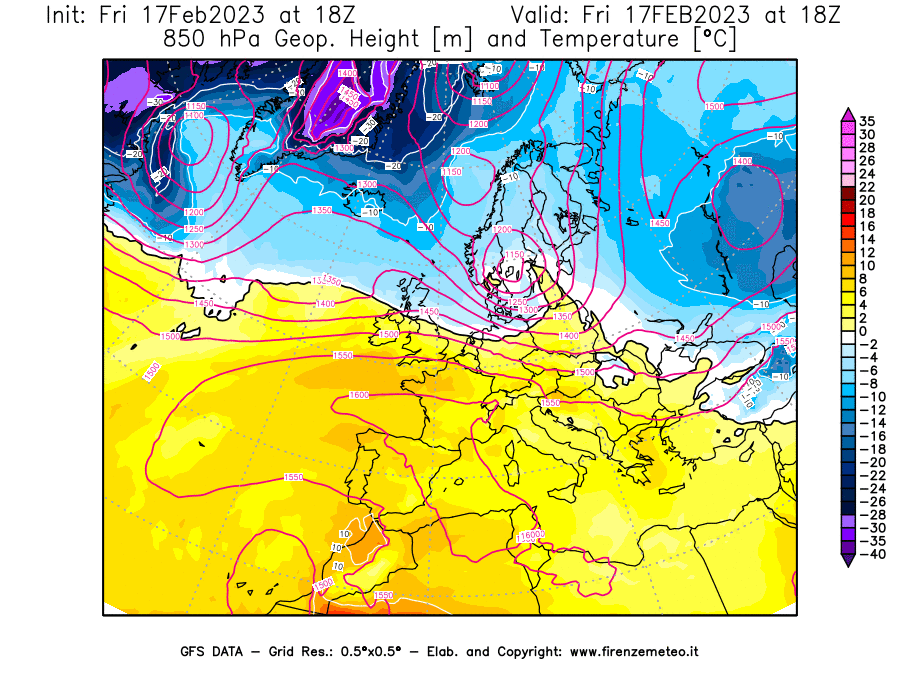 Mappa di analisi GFS - Geopotenziale [m] e Temperatura [°C] a 850 hPa in Europa
							del 17/02/2023 18 <!--googleoff: index-->UTC<!--googleon: index-->