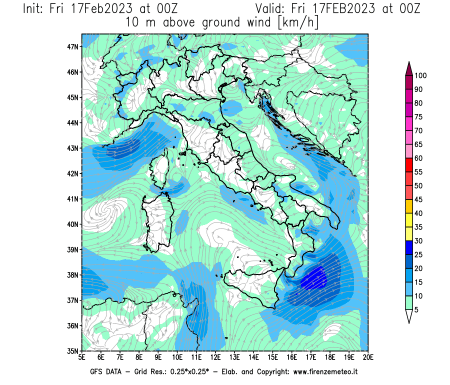 Mappa di analisi GFS - Velocità del vento a 10 metri dal suolo [km/h] in Italia
							del 17/02/2023 00 <!--googleoff: index-->UTC<!--googleon: index-->
