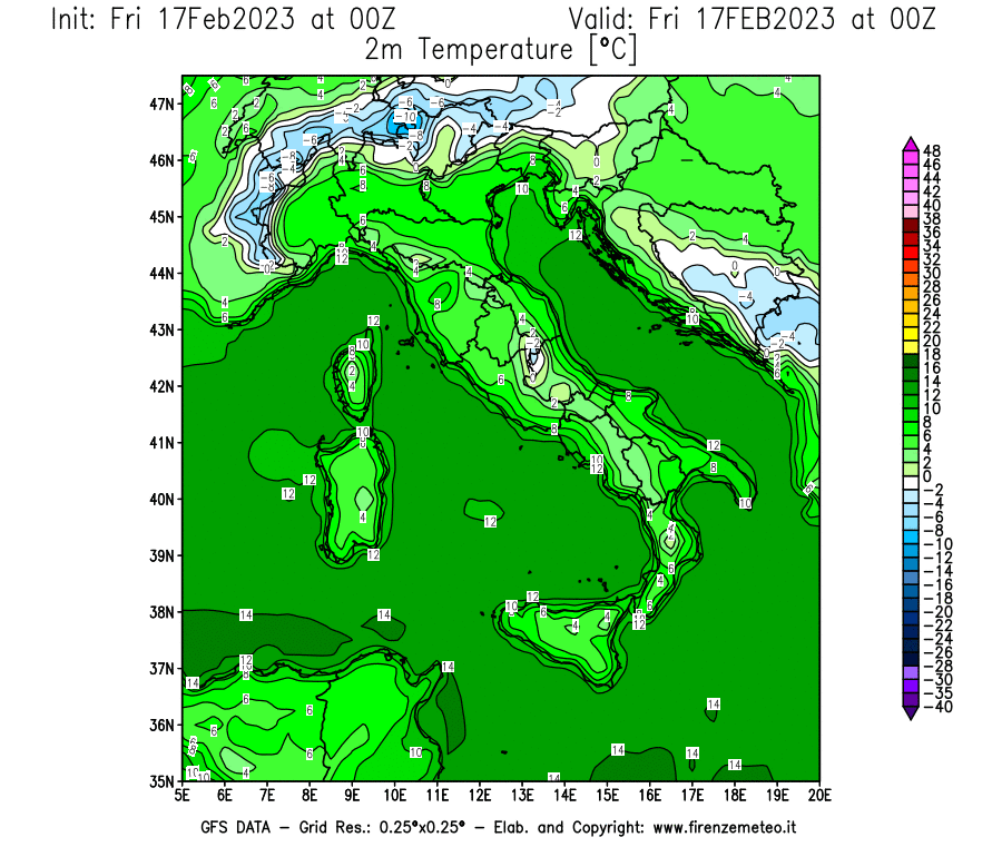 Mappa di analisi GFS - Temperatura a 2 metri dal suolo [°C] in Italia
							del 17/02/2023 00 <!--googleoff: index-->UTC<!--googleon: index-->