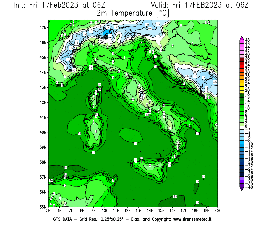 Mappa di analisi GFS - Temperatura a 2 metri dal suolo [°C] in Italia
							del 17/02/2023 06 <!--googleoff: index-->UTC<!--googleon: index-->