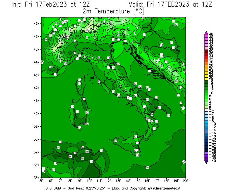 Mappa di analisi GFS - Temperatura a 2 metri dal suolo [°C] in Italia
							del 17/02/2023 12 <!--googleoff: index-->UTC<!--googleon: index-->