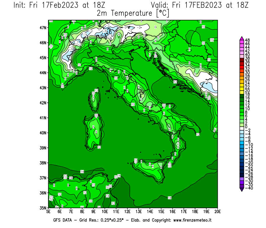 Mappa di analisi GFS - Temperatura a 2 metri dal suolo [°C] in Italia
							del 17/02/2023 18 <!--googleoff: index-->UTC<!--googleon: index-->
