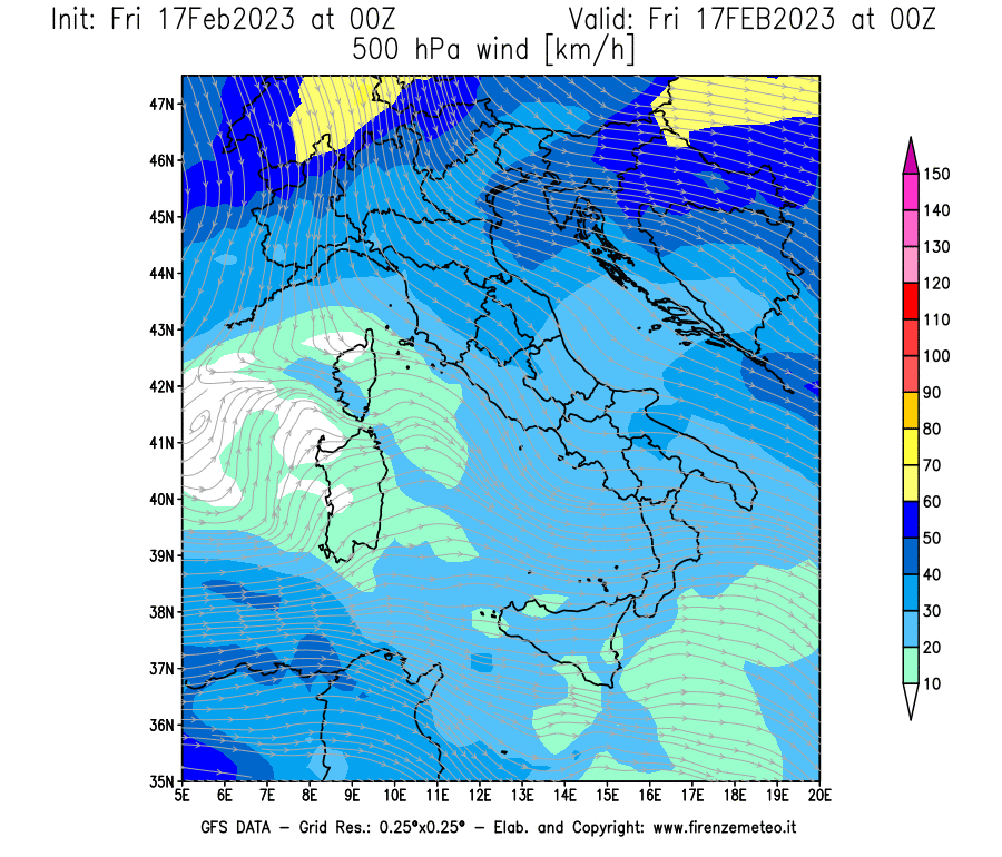 Mappa di analisi GFS - Velocità del vento a 500 hPa [km/h] in Italia
							del 17/02/2023 00 <!--googleoff: index-->UTC<!--googleon: index-->