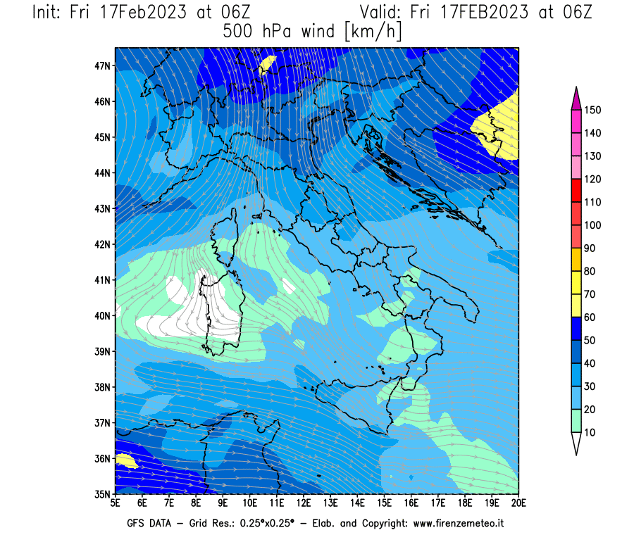 Mappa di analisi GFS - Velocità del vento a 500 hPa [km/h] in Italia
							del 17/02/2023 06 <!--googleoff: index-->UTC<!--googleon: index-->