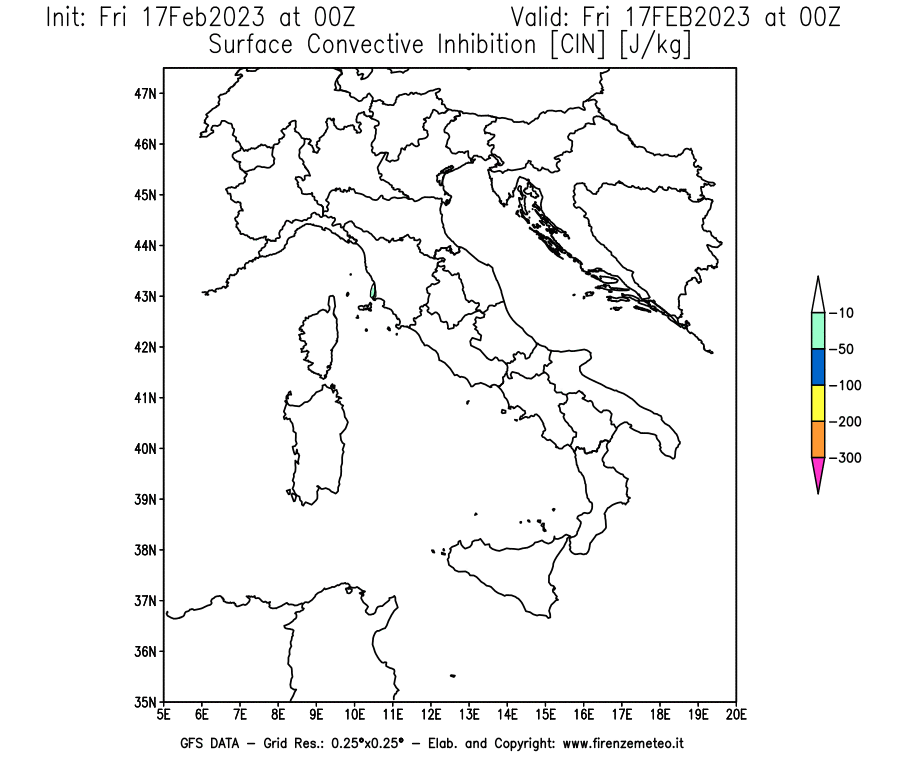 Mappa di analisi GFS - CIN [J/kg] in Italia
							del 17/02/2023 00 <!--googleoff: index-->UTC<!--googleon: index-->