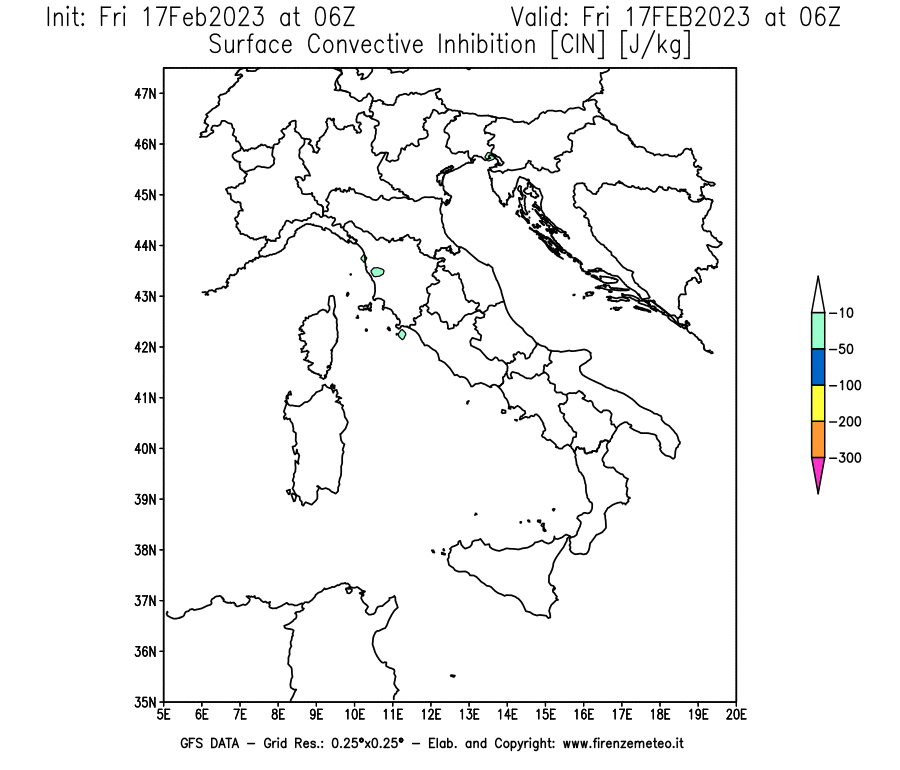 Mappa di analisi GFS - CIN [J/kg] in Italia
							del 17/02/2023 06 <!--googleoff: index-->UTC<!--googleon: index-->