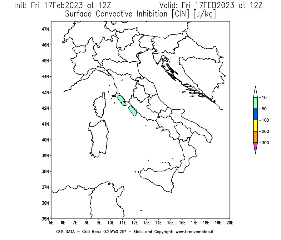 Mappa di analisi GFS - CIN [J/kg] in Italia
							del 17/02/2023 12 <!--googleoff: index-->UTC<!--googleon: index-->
