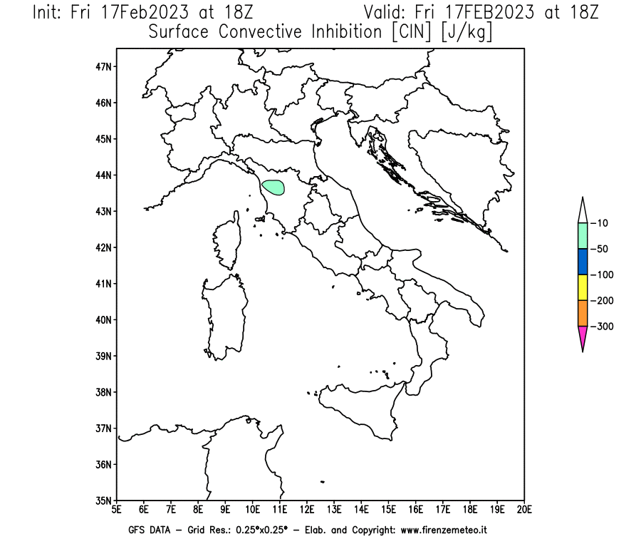 Mappa di analisi GFS - CIN [J/kg] in Italia
							del 17/02/2023 18 <!--googleoff: index-->UTC<!--googleon: index-->