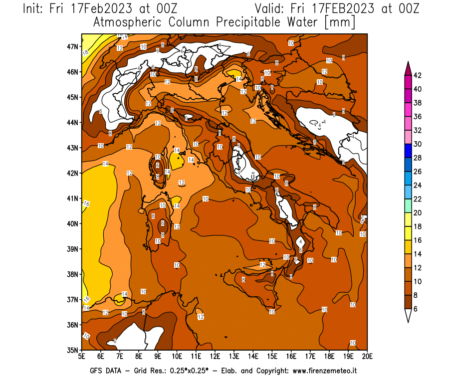 Mappa di analisi GFS - Precipitable Water [mm] in Italia
							del 17/02/2023 00 <!--googleoff: index-->UTC<!--googleon: index-->