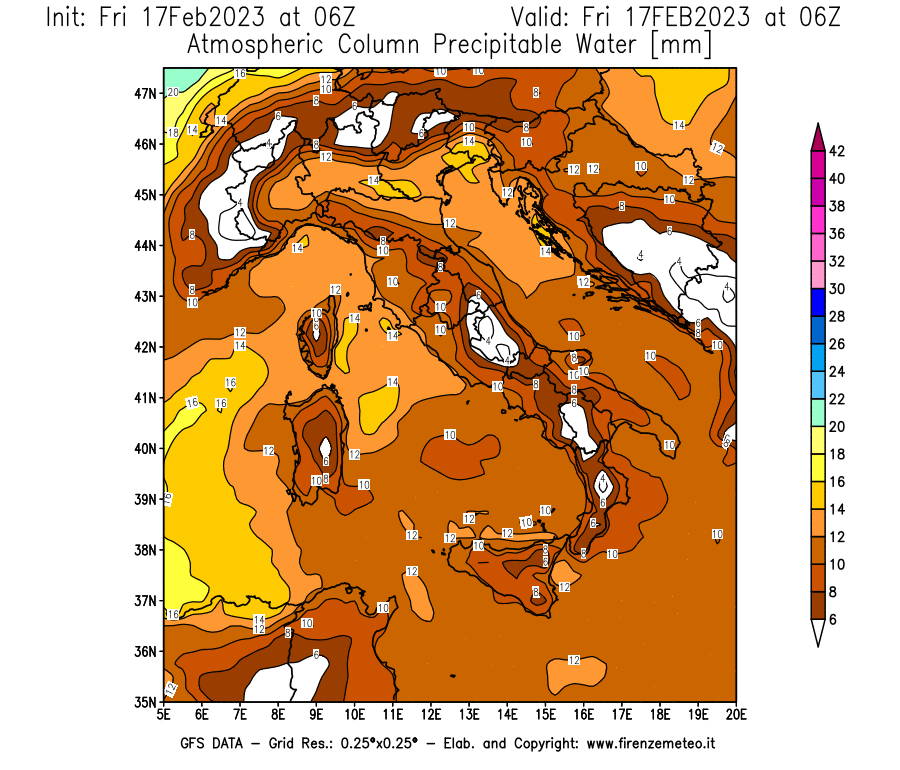 Mappa di analisi GFS - Precipitable Water [mm] in Italia
							del 17/02/2023 06 <!--googleoff: index-->UTC<!--googleon: index-->