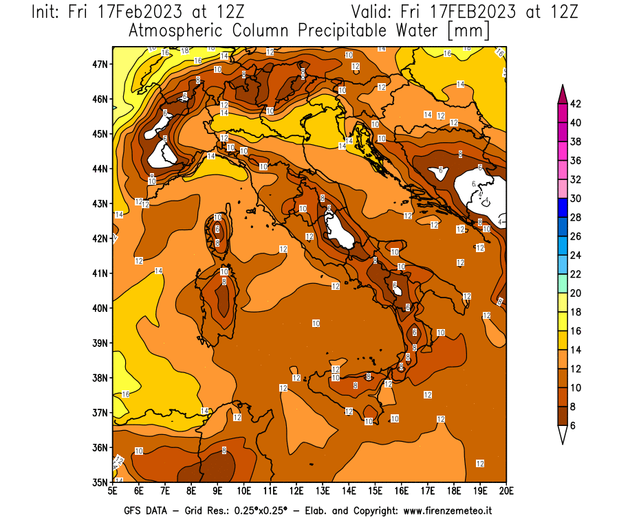 Mappa di analisi GFS - Precipitable Water [mm] in Italia
							del 17/02/2023 12 <!--googleoff: index-->UTC<!--googleon: index-->