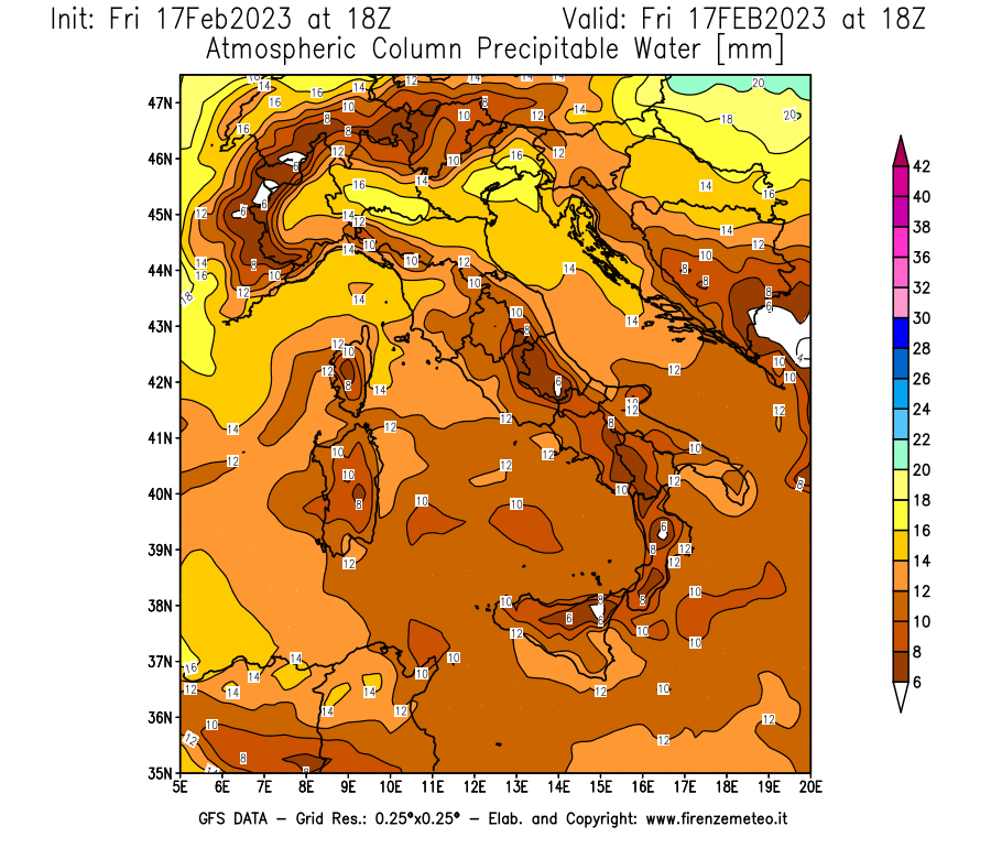 Mappa di analisi GFS - Precipitable Water [mm] in Italia
							del 17/02/2023 18 <!--googleoff: index-->UTC<!--googleon: index-->
