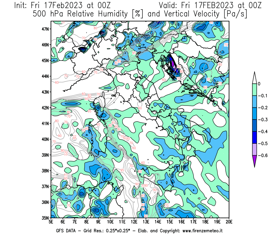 Mappa di analisi GFS - Umidità relativa [%] e Omega [Pa/s] a 500 hPa in Italia
							del 17/02/2023 00 <!--googleoff: index-->UTC<!--googleon: index-->