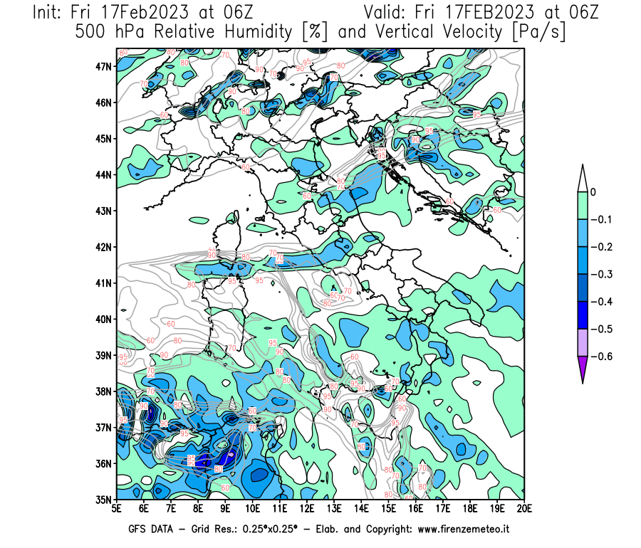 Mappa di analisi GFS - Umidità relativa [%] e Omega [Pa/s] a 500 hPa in Italia
							del 17/02/2023 06 <!--googleoff: index-->UTC<!--googleon: index-->