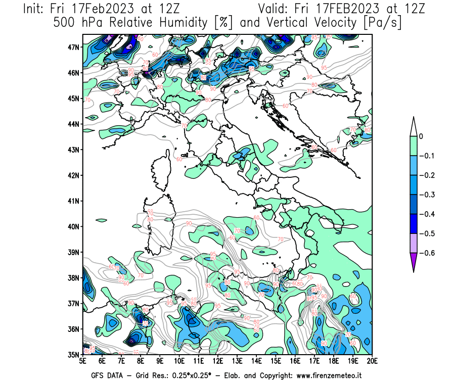 Mappa di analisi GFS - Umidità relativa [%] e Omega [Pa/s] a 500 hPa in Italia
							del 17/02/2023 12 <!--googleoff: index-->UTC<!--googleon: index-->
