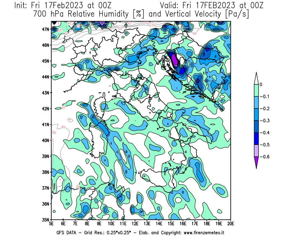 Mappa di analisi GFS - Umidità relativa [%] e Omega [Pa/s] a 700 hPa in Italia
							del 17/02/2023 00 <!--googleoff: index-->UTC<!--googleon: index-->